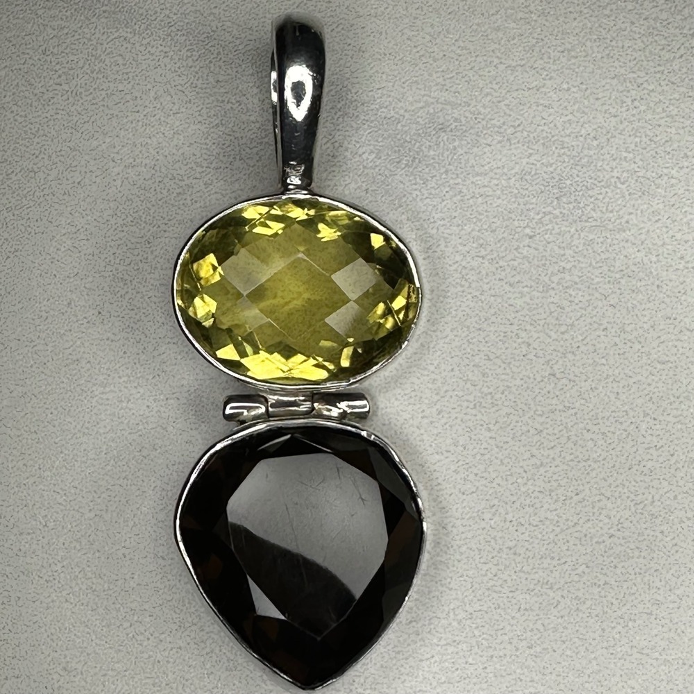 Sterling Silver Citrine Smoky Quartz Faceted Gemstone Pendant Drop Dangle Hinged